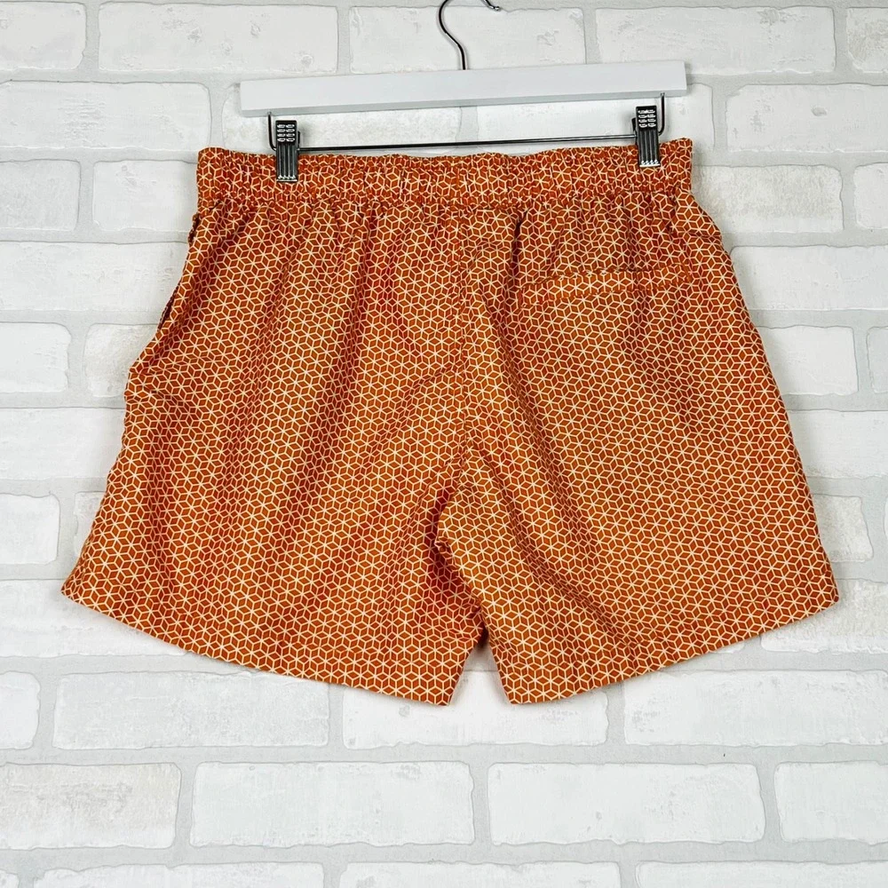 Mens Orange Geometric Honeycomb Cube Print Swim Trunks Elastic Waist Shorts M
